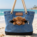 Personalized Highland Cow Denim Beach Bag Custom Name Gift for Farmer