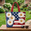 Personalized American Flag Daisy Quilted Tote Bag - Gift for Her