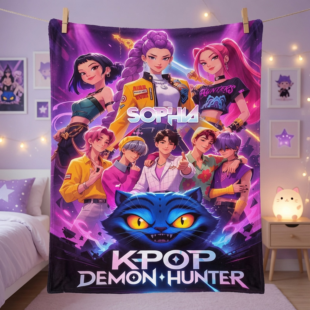 Personalized KPOP Demon Hunter Blanket Custom Name Gift for Daughter Blanket GradoCreations