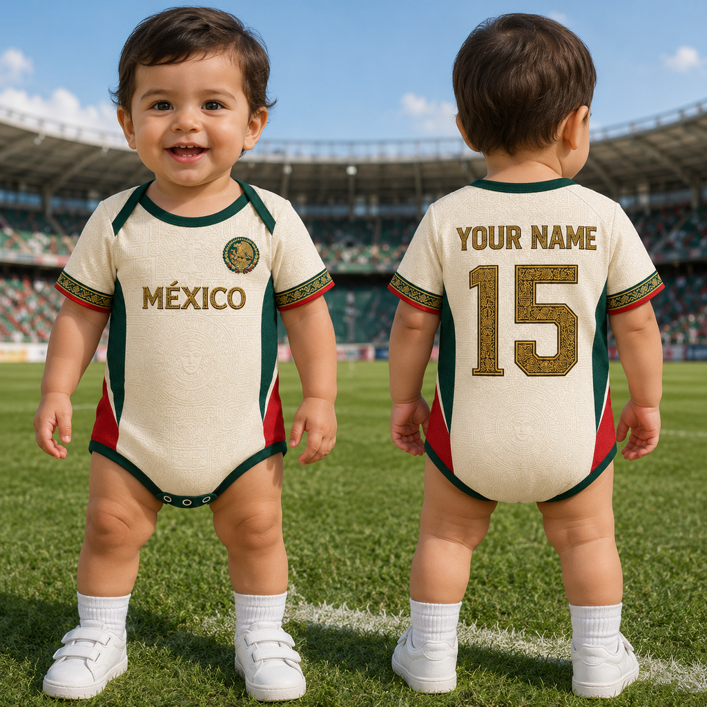 Personalized Mexico Aztec Sun Stone Baby Jersey Bodysuit Gift for New Moms, Dads, Soccer Lovers