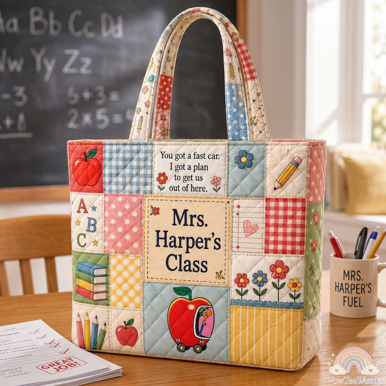 Personalized Quilted Tote Bag for Teachers with Custom Name and Apple Design