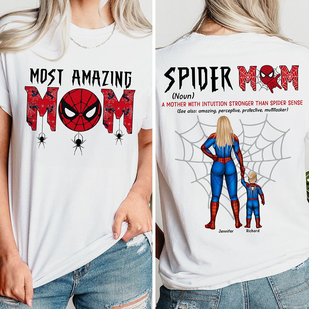 Personalized Spider Mom Shirt Gift for Mother's Day - 2 Sides Cotton Apparel GradoCreations