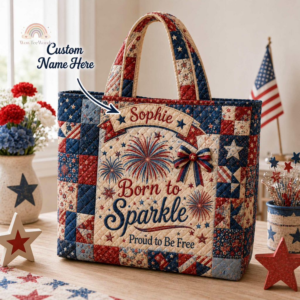 Personalized Quilted Tote Bag with Fireworks Design for 4th of July Patriot Gift