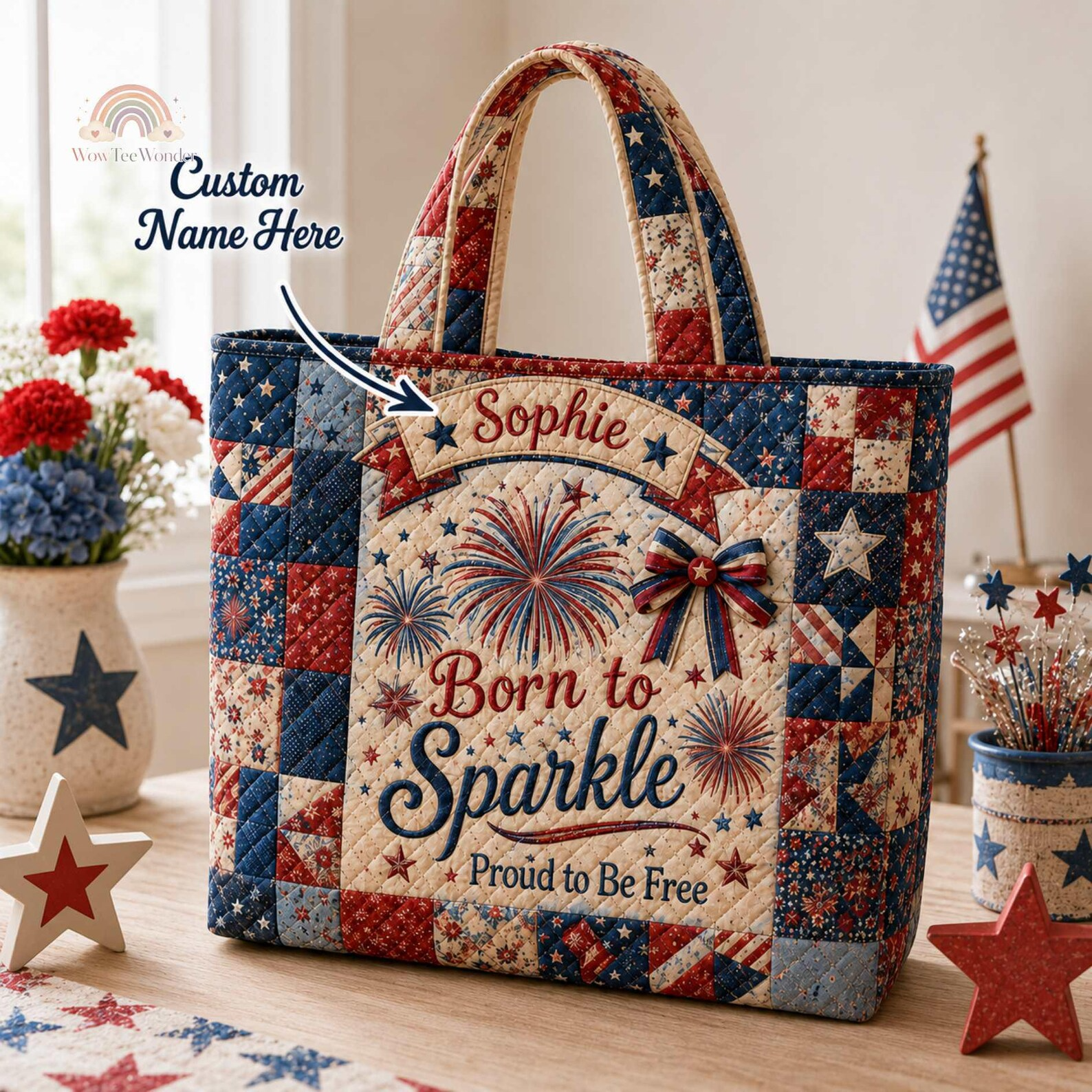 Personalized Quilted Tote Bag with Fireworks Design for 4th of July Patriot Gift