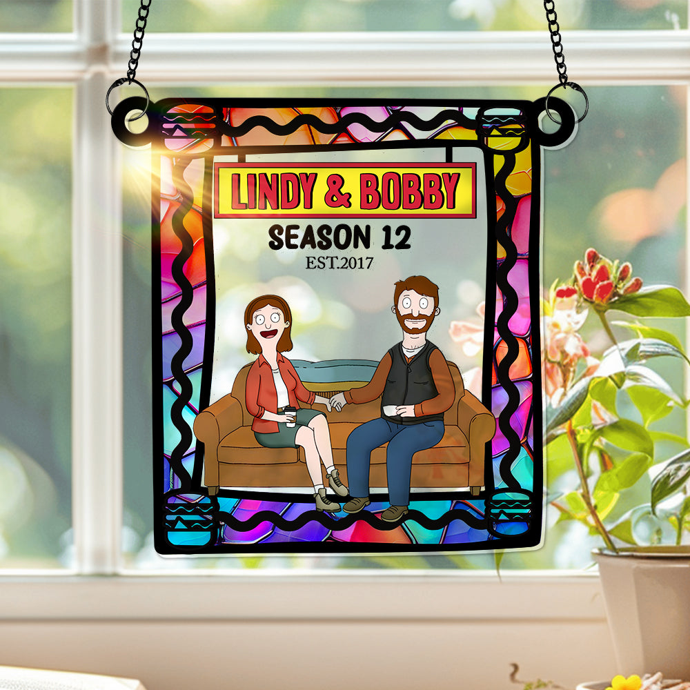 Personalized Funny Burgers Cartoon Couple Suncatcher Gift for Anniversary