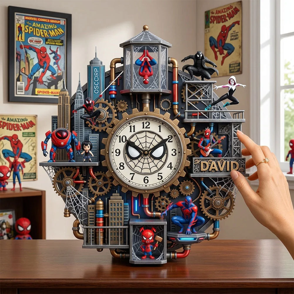 Personalized Spider-Man Wall Hanging Clock Custom Name Gift for Movie Fans Wall Hanging Clock GradoCreations