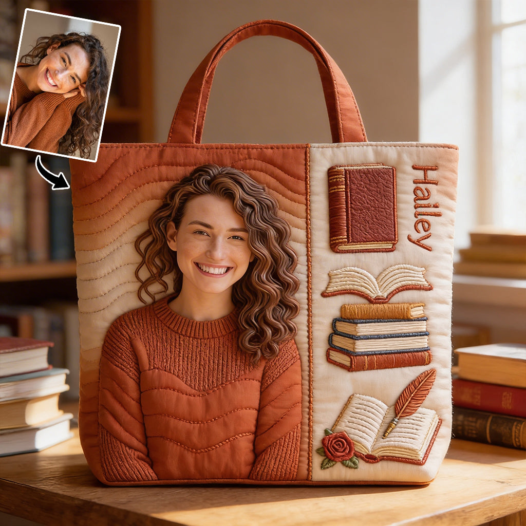 Personalized Quilted Tote Bag Photo Gift for Her - Book Lovers