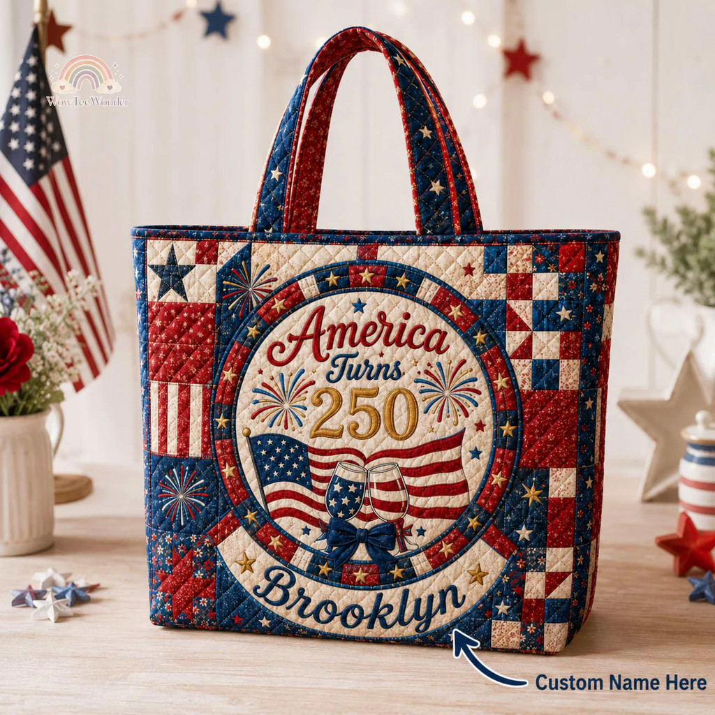 Personalized American Flag Quilted Tote Bag Custom Name Gift for Patriots