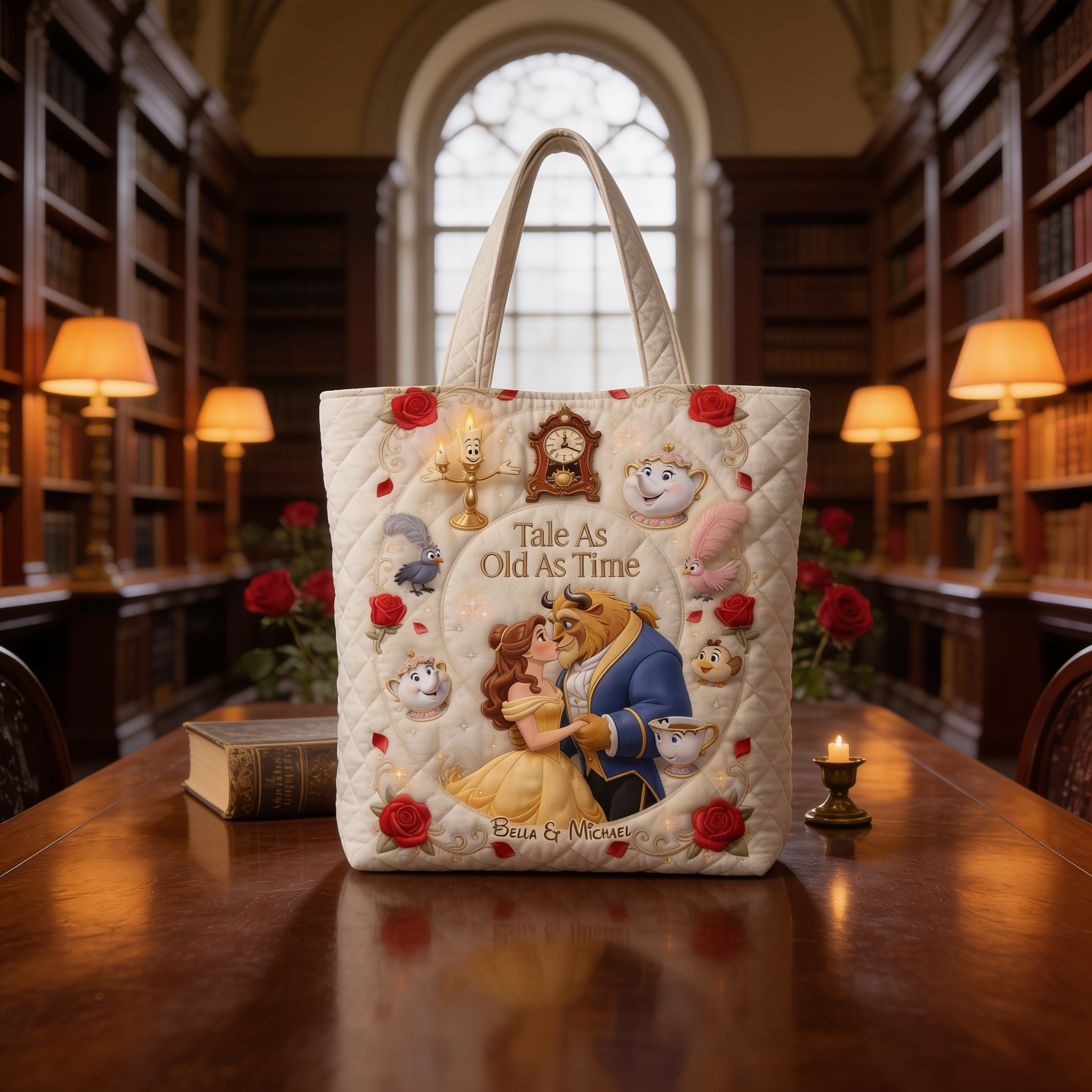 Personalized Quilted Tote Bag - Tale As Old As Time Gift for Couple