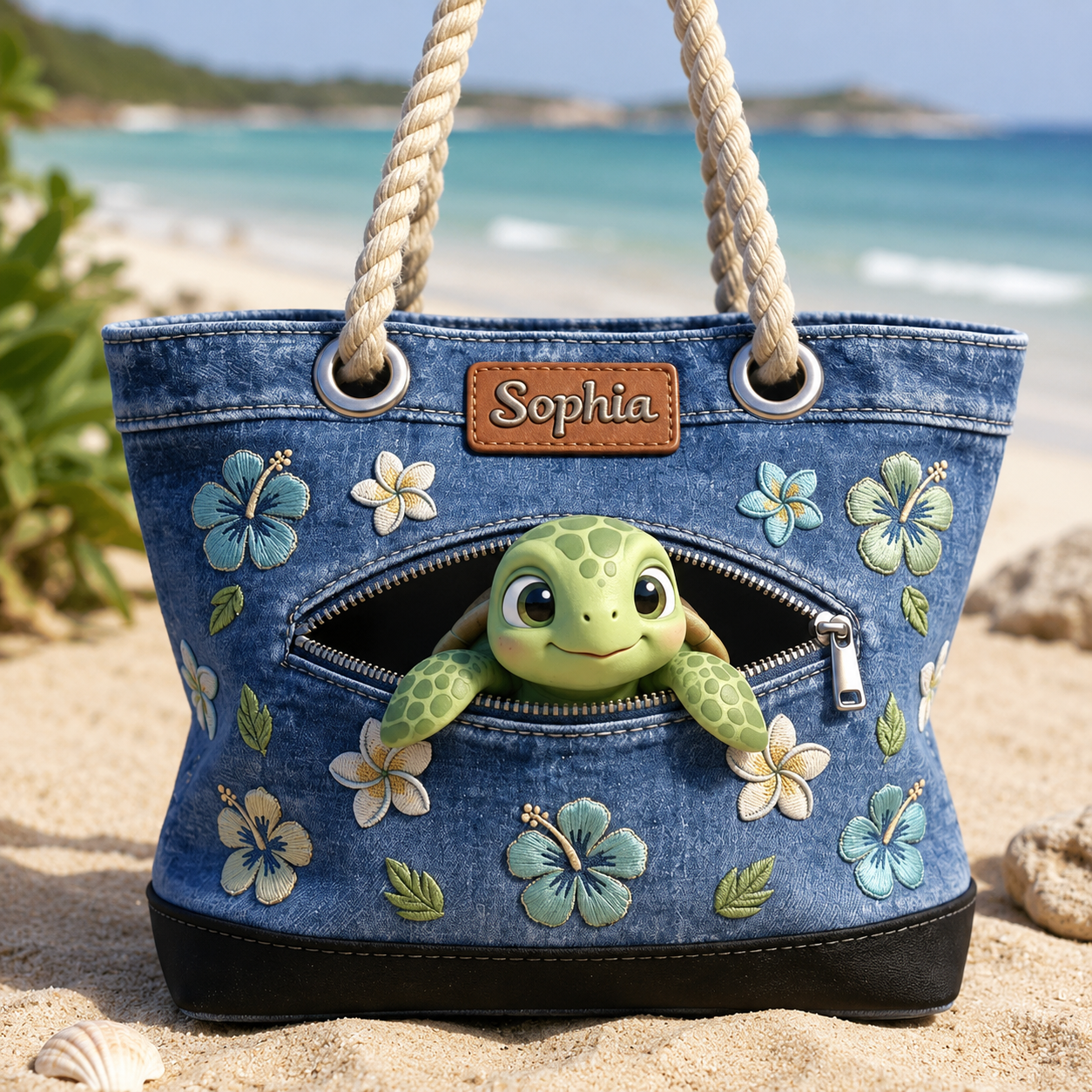 Personalized Beach Bag with Cute Sea Turtle Design for Her