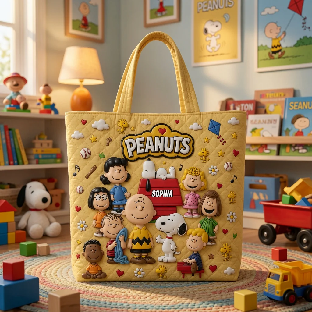 Personalized Peanuts Quilted Tote Bag Custom Name Gift for Her Quilted Tote Bag GradoCreations