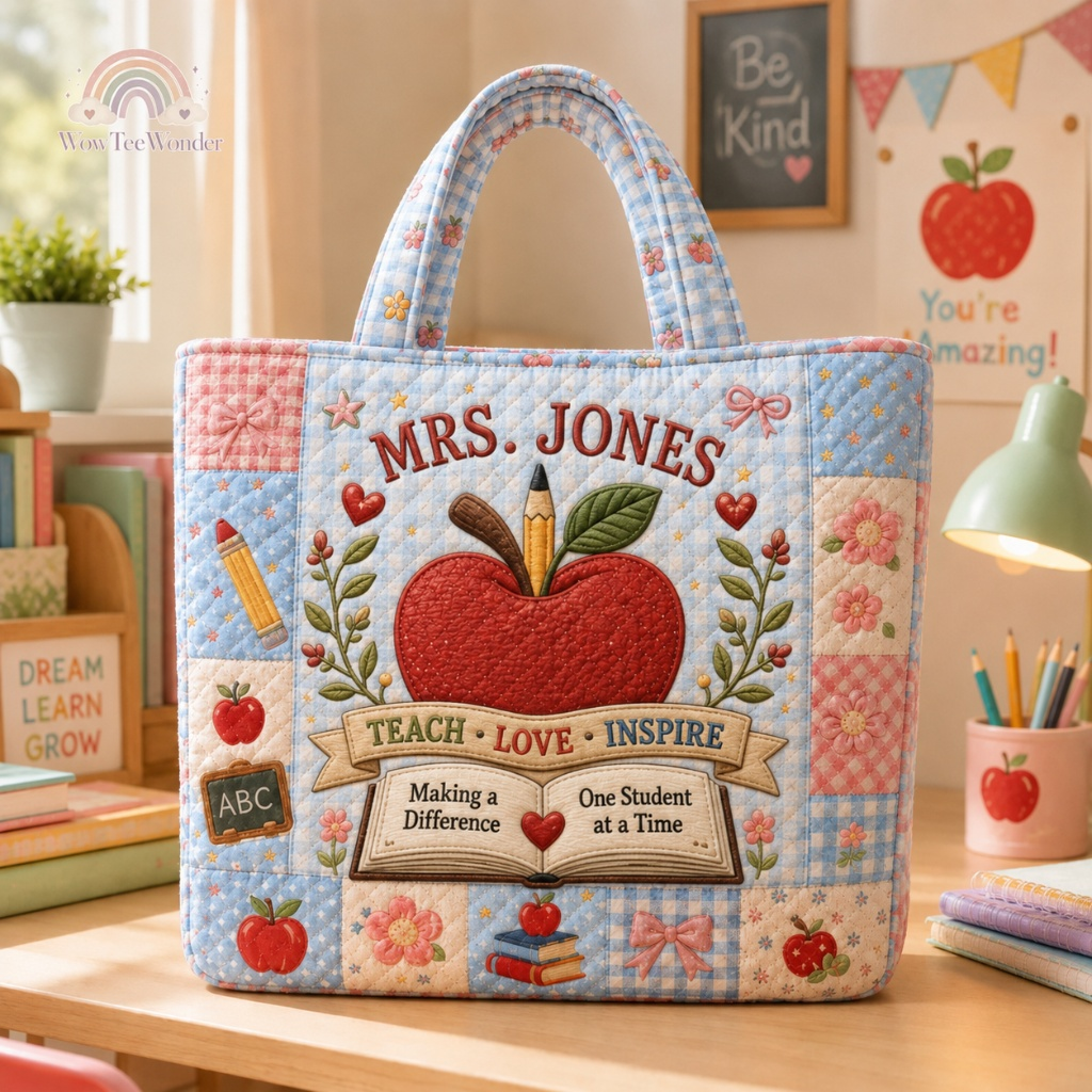 Personalized Quilted Tote Bag for Teacher with Custom Name - Gift for Back to School