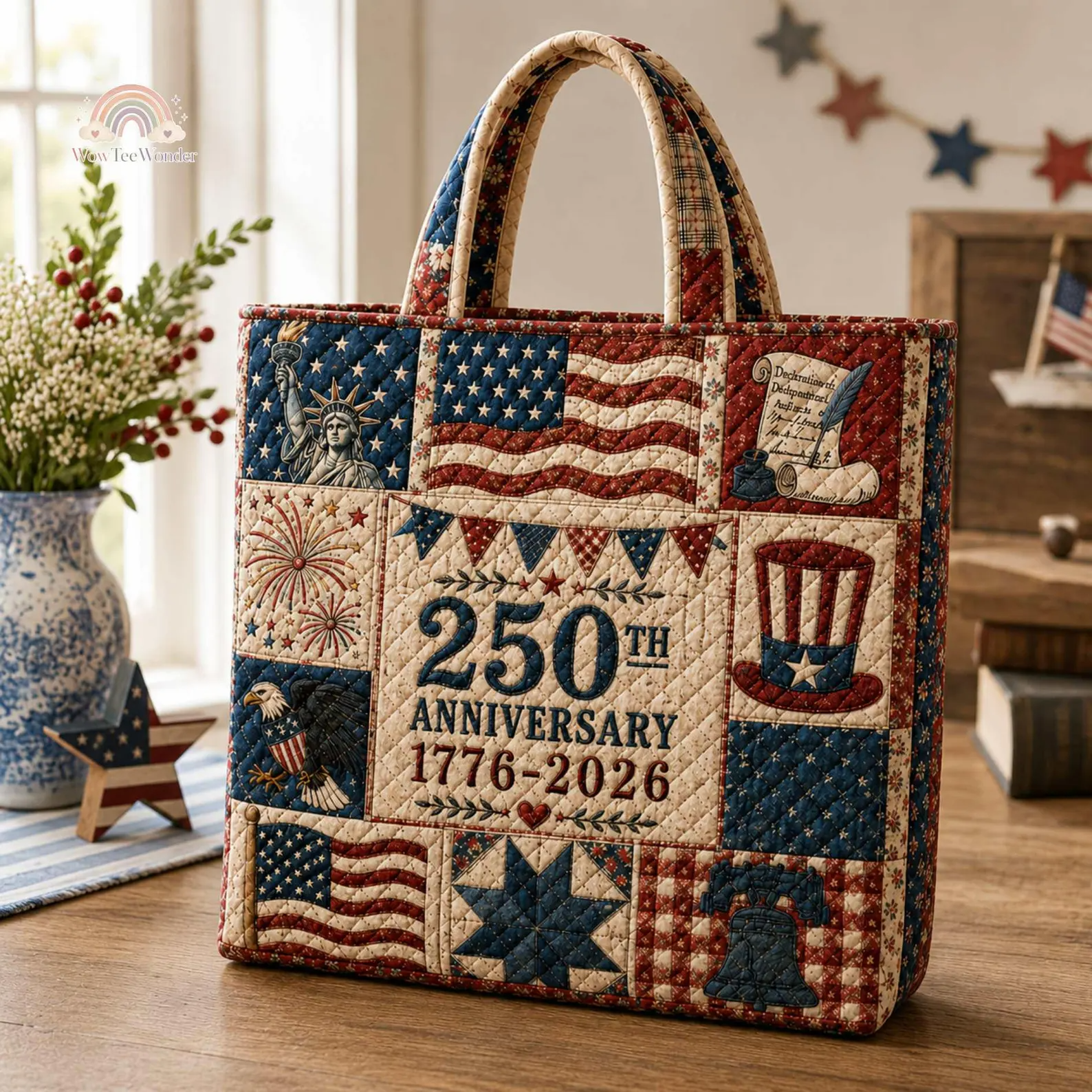 USA 250th Anniversary Quilted Tote Bag Patchwork Gift for Patriots