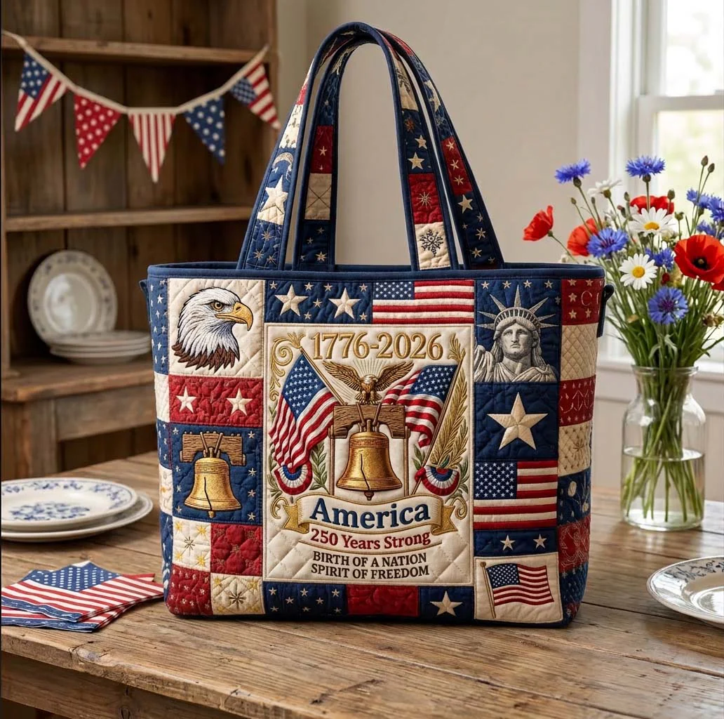 America 250 Years Strong Quilted Tote Bag - Patriotic Gift for Her