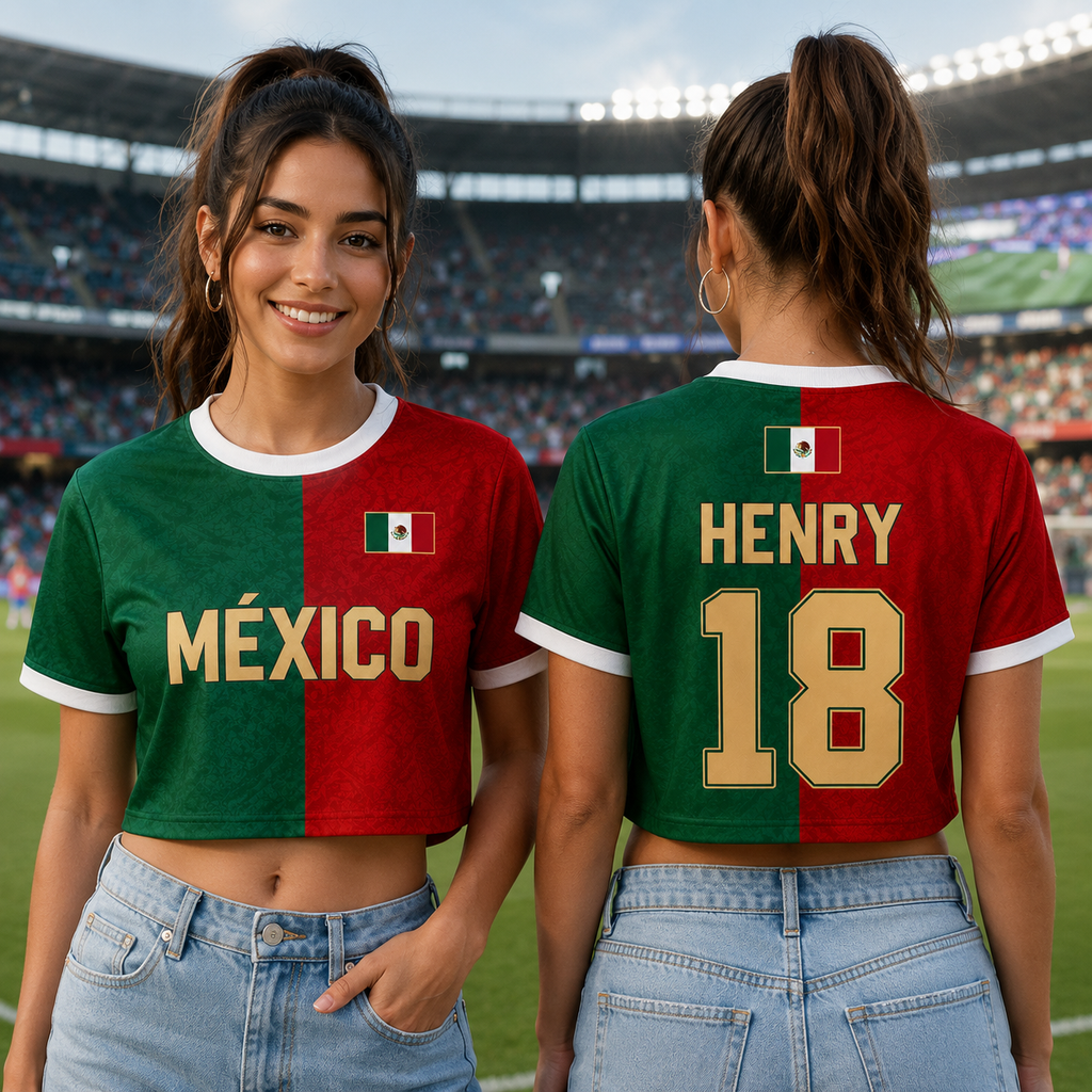 Personalized Mexico Soccer Jersey Crop Tee Custom Name Gift for Football Fans