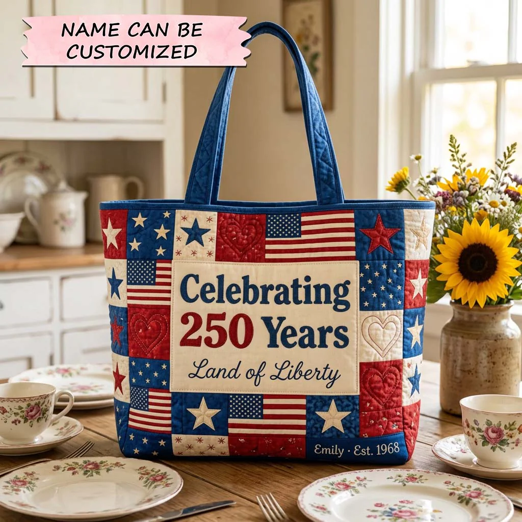 Personalized Quilted Tote Bag with Patriotic Design for Her - 250 Years Land of Liberty Gift
