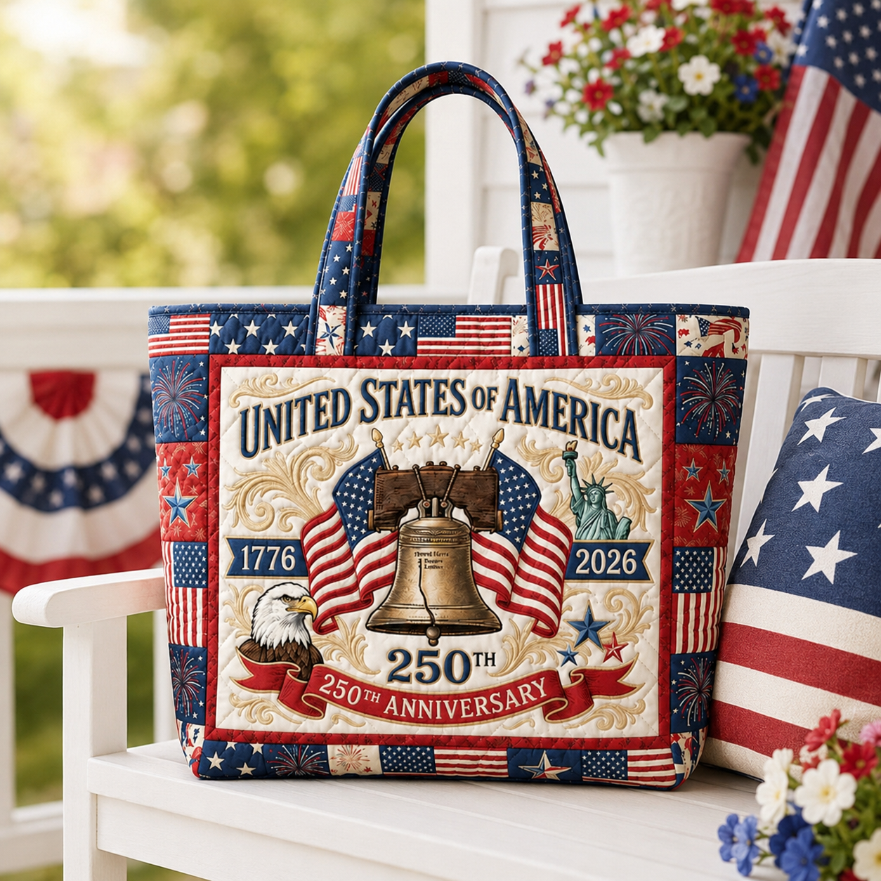Quilted USA Flag Tote Bag with Liberty Bell Design - Patriotic Gift
