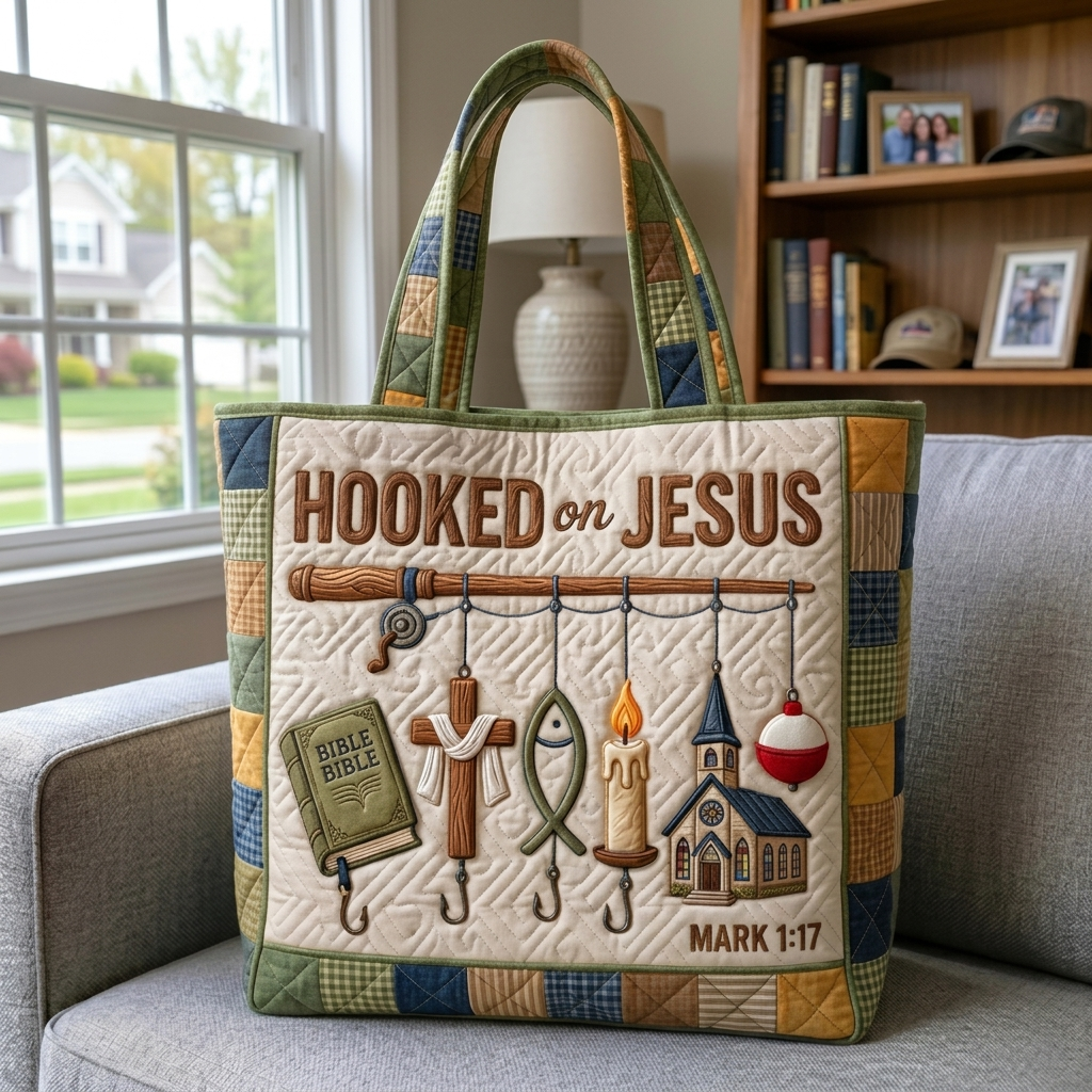 Quilted Tote Bag Hooked on Jesus Mark 1:17 Christian Gift for Fishermen