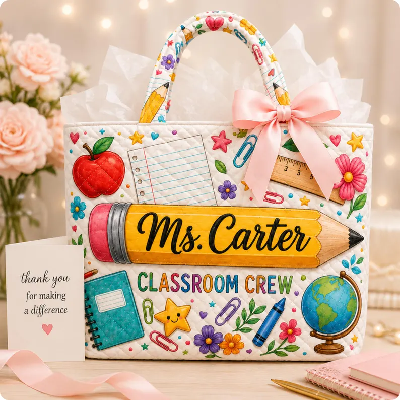 Personalized Teacher Tote Bag with Apple & Pencil Design Gift for Educator