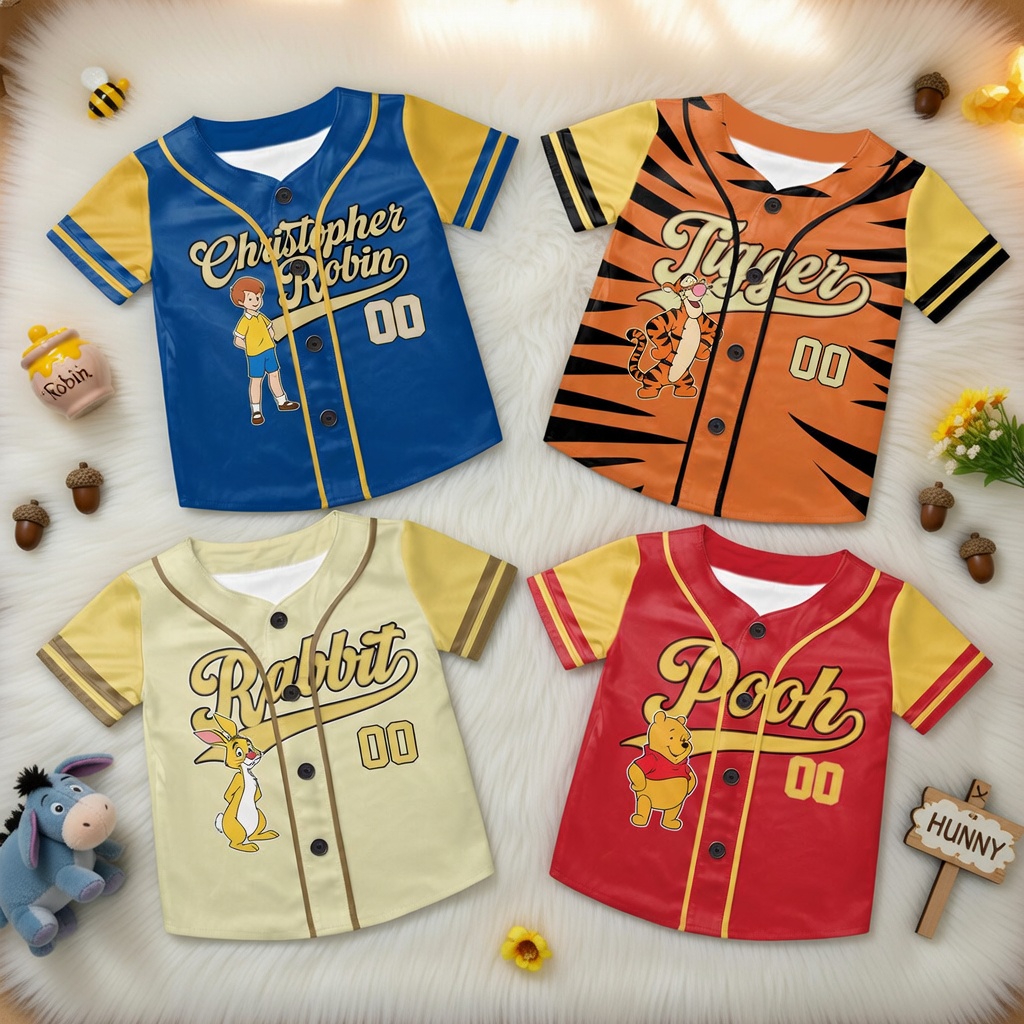 Personalized Baseball Jersey with Honey Bear Characters for Kids and Adults - Unique Family Gift