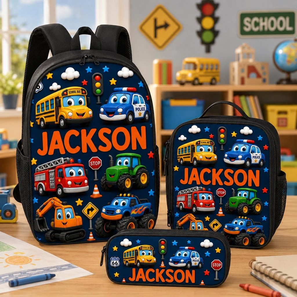 Personalized Vehicle-Themed Backpack Set for Kids - Custom Name School Bag, Lunch Bag, Pencil Case & Water Bottle