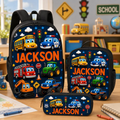 Personalized Vehicle-Themed Backpack Set for Kids - Custom Name School Bag, Lunch Bag, Pencil Case & Water Bottle