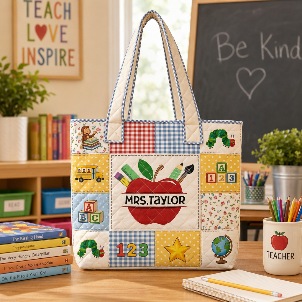 Personalized Quilted Tote Bag with Apple Pencil Design for Teacher