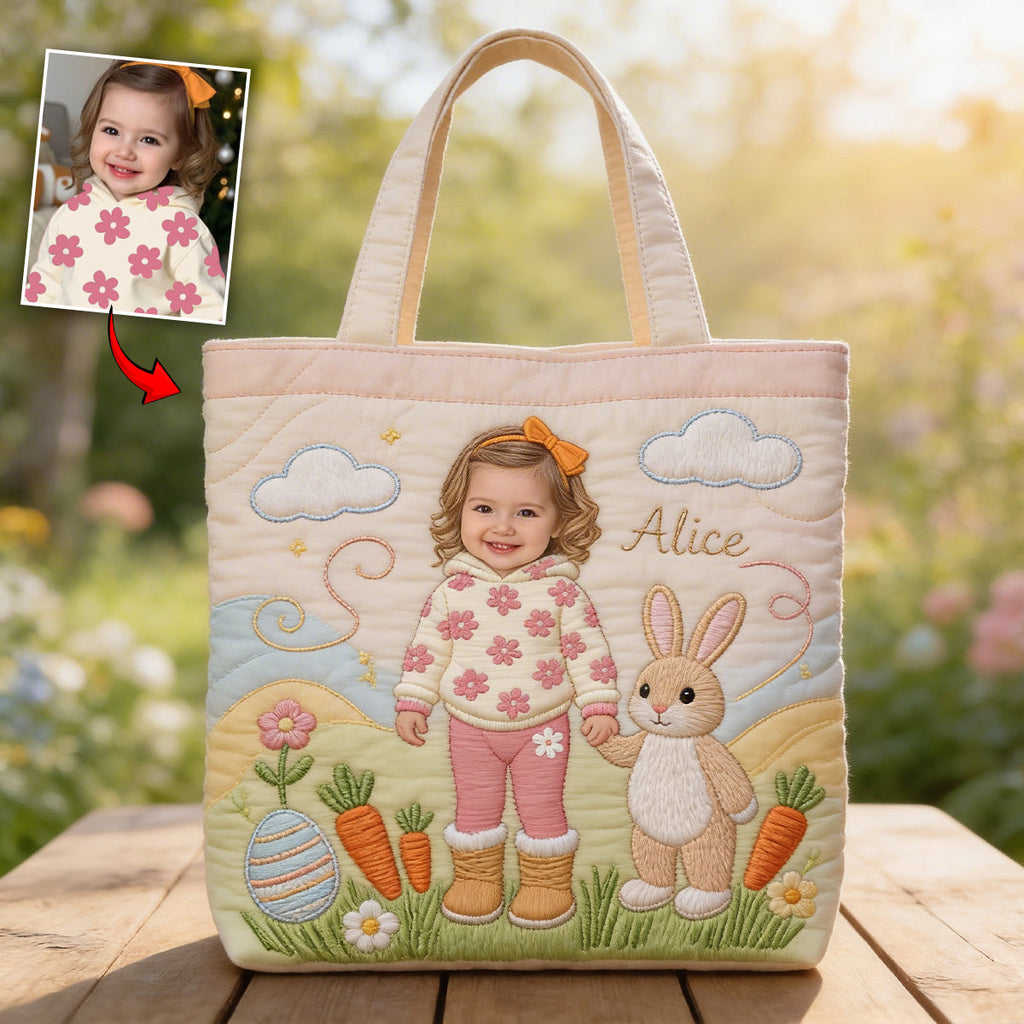 Personalized Quilted Tote Bag with Kid Photo & Easter Bunny Gift for Family