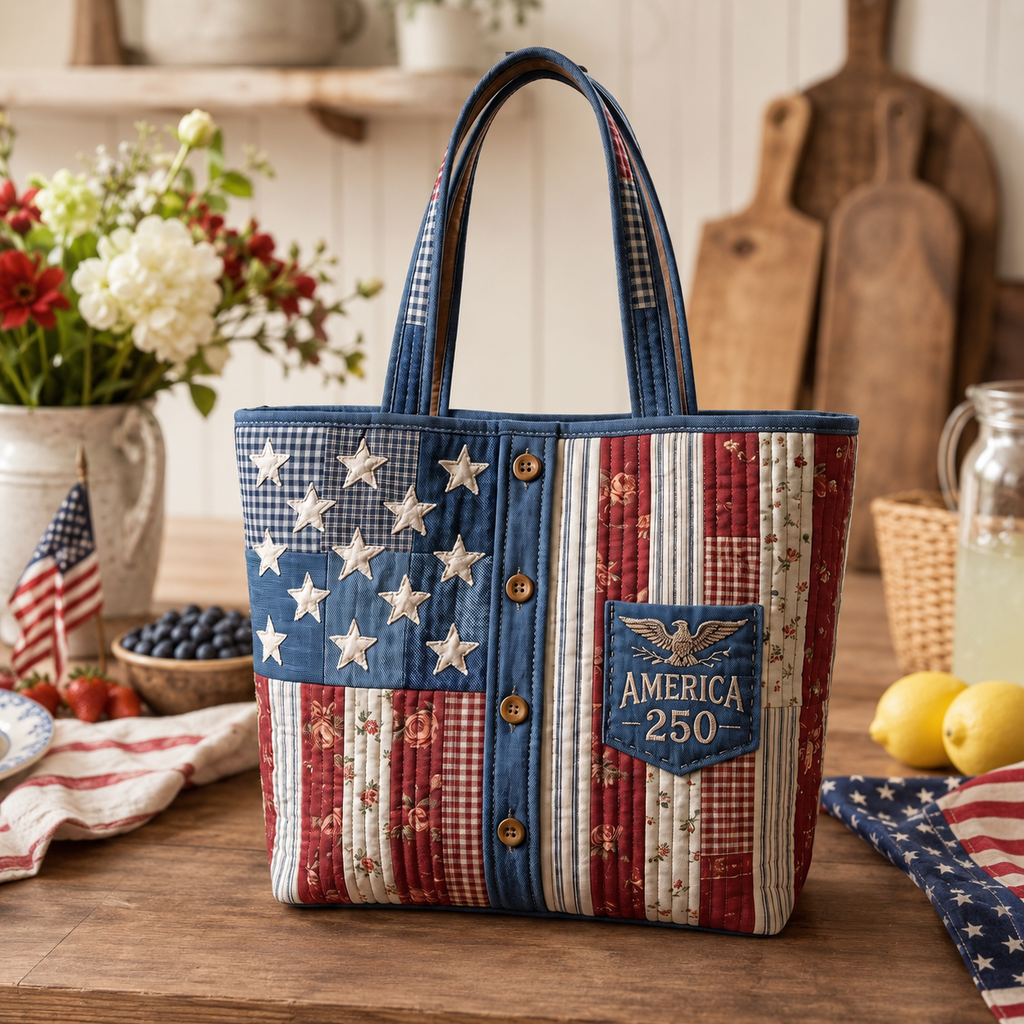 Personalized American Flag Quilted Tote Bag Gift for Her - 250th Anniversary