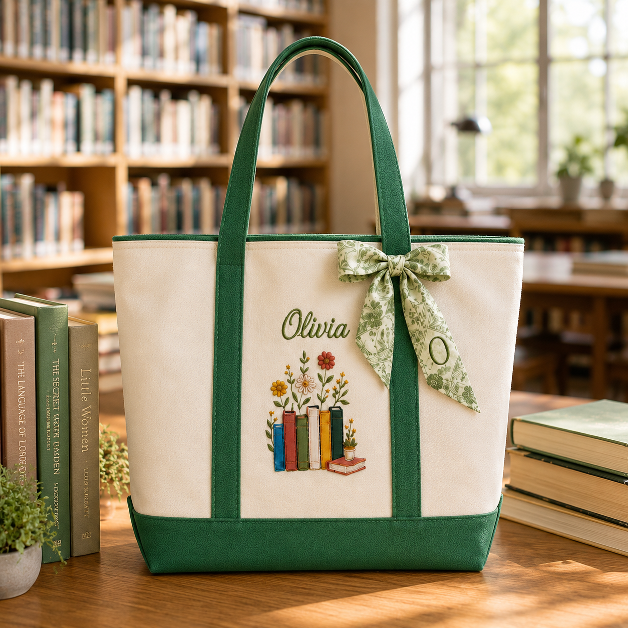 Personalized Embroidery Tote Bag for Teacher with Floral Design