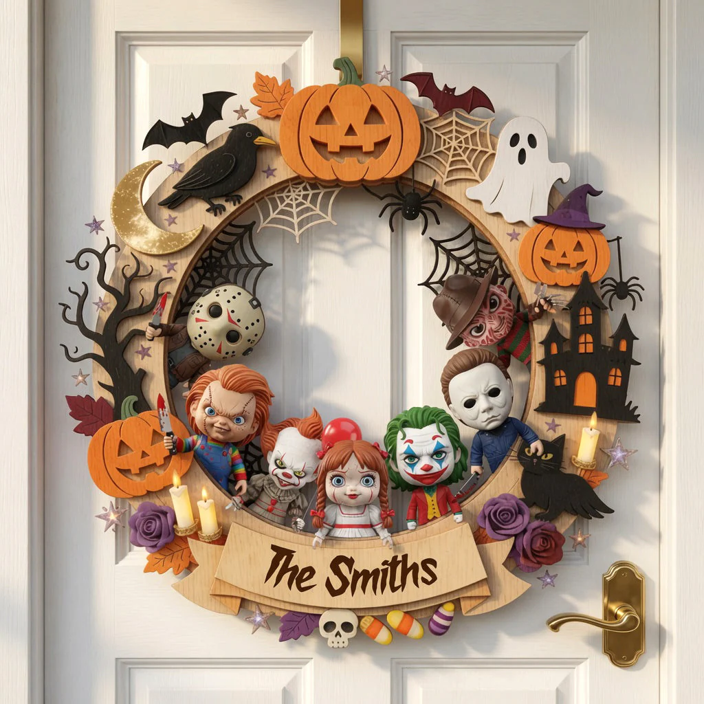Personalized Halloween Wood Sign with Horror Characters | Family Gift Wood Sign GradoCreations