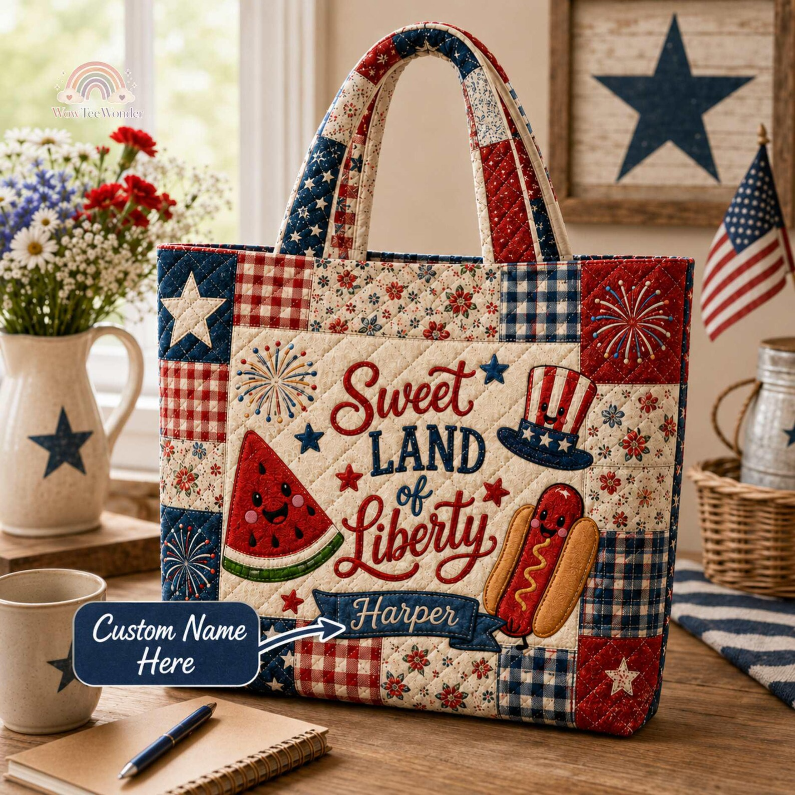 Personalized Quilted Tote Bag Custom Name Sweet Land of Liberty Gift for Independence Day