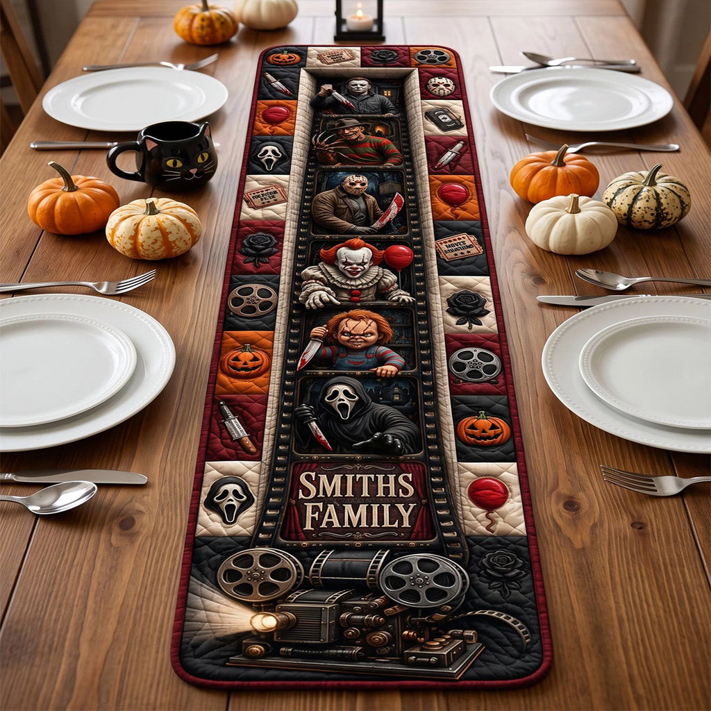 Personalized Horror Themed Table Runner Custom Name Gift for Halloween Quilt Table Runner GradoCreations