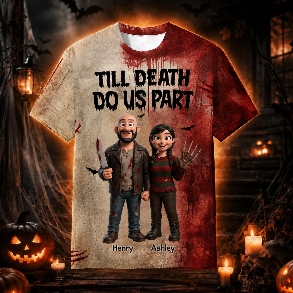 Personalized Halloween AOP T-shirt for Couples | Till Death Do Us Part AOP Tshirt GradoCreations