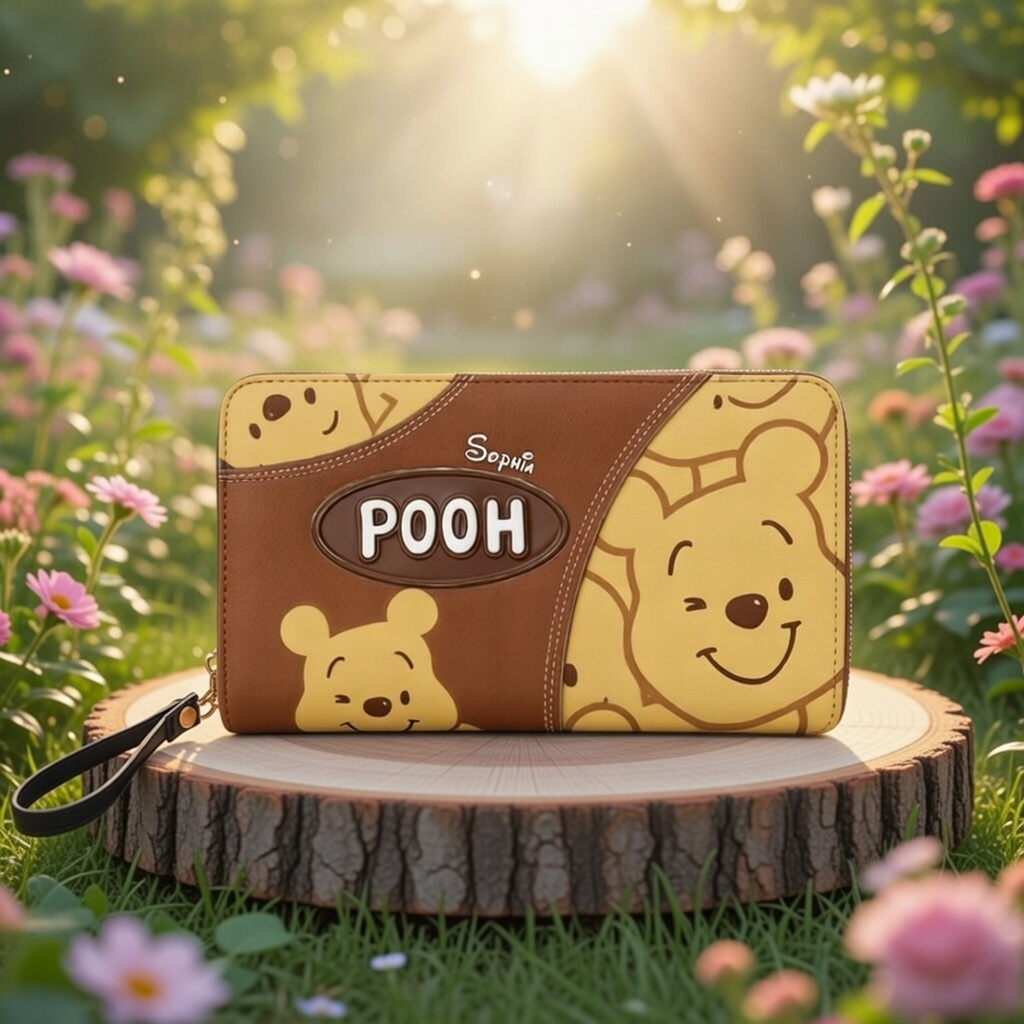 Personalized Leather Long Wallet with Pooh Design Gift Idea