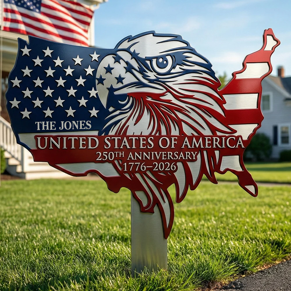 Personalized Eagle Metal Garden Stake Custom Family Name Patriotic Gift