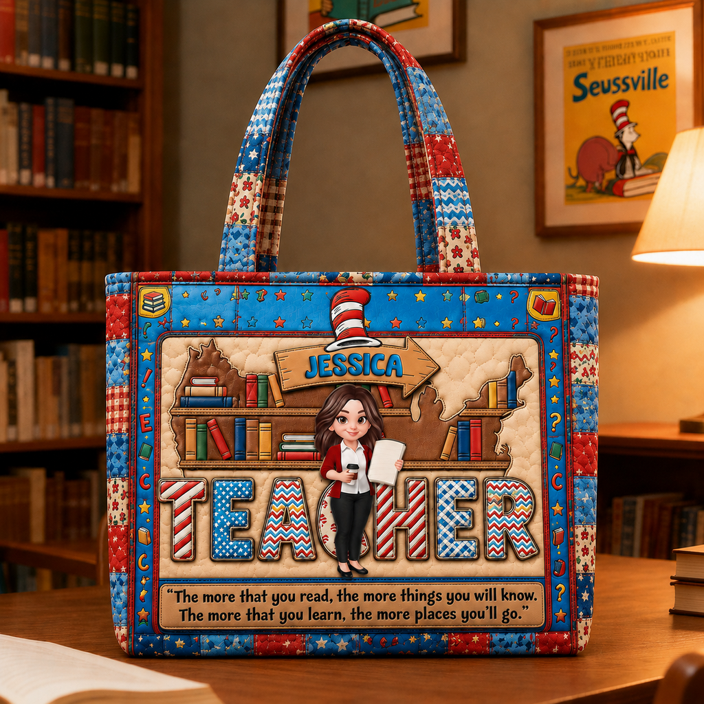 Personalized Quilted Tote Bag for Teacher Gift - Custom Name Quilted Tote Bag GradoCreations