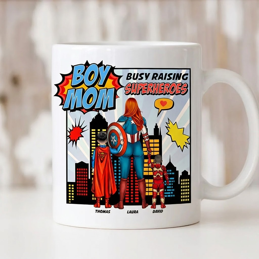 Personalized Boy Mom Ceramic Mug Busy Raising Superheroes Gift for Mom Mug GradoCreations