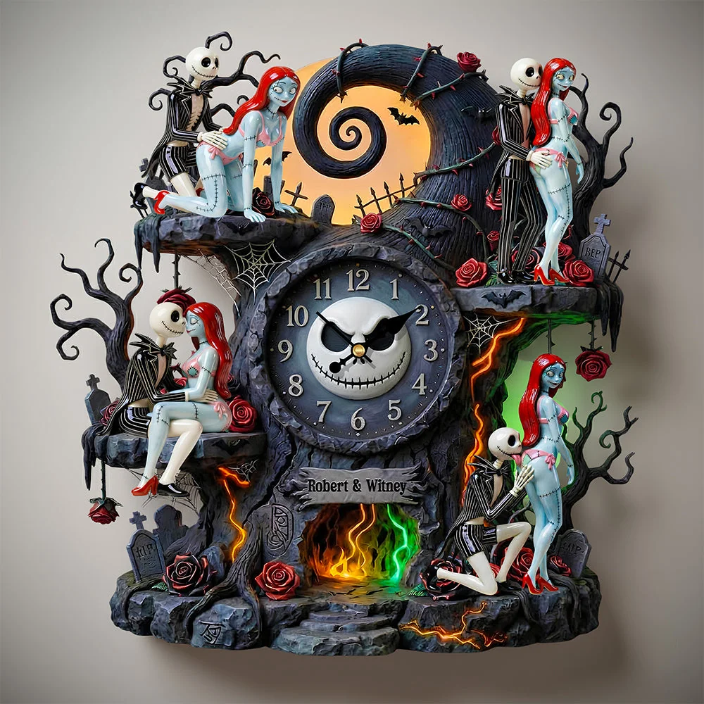 Personalized Spooky Couple Wall Hanging Clock Custom Name Gift for Halloween Wall Hanging Clock GradoCreations