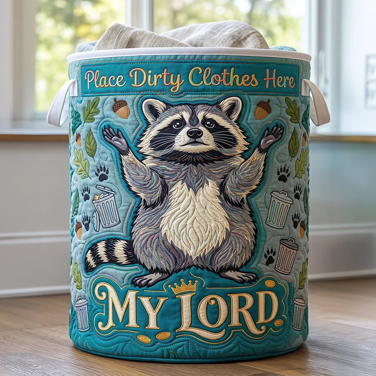 Personalized Quilted Raccoon Laundry Basket Funny Gift for Mom Quilted Laundry Basket GradoCreations