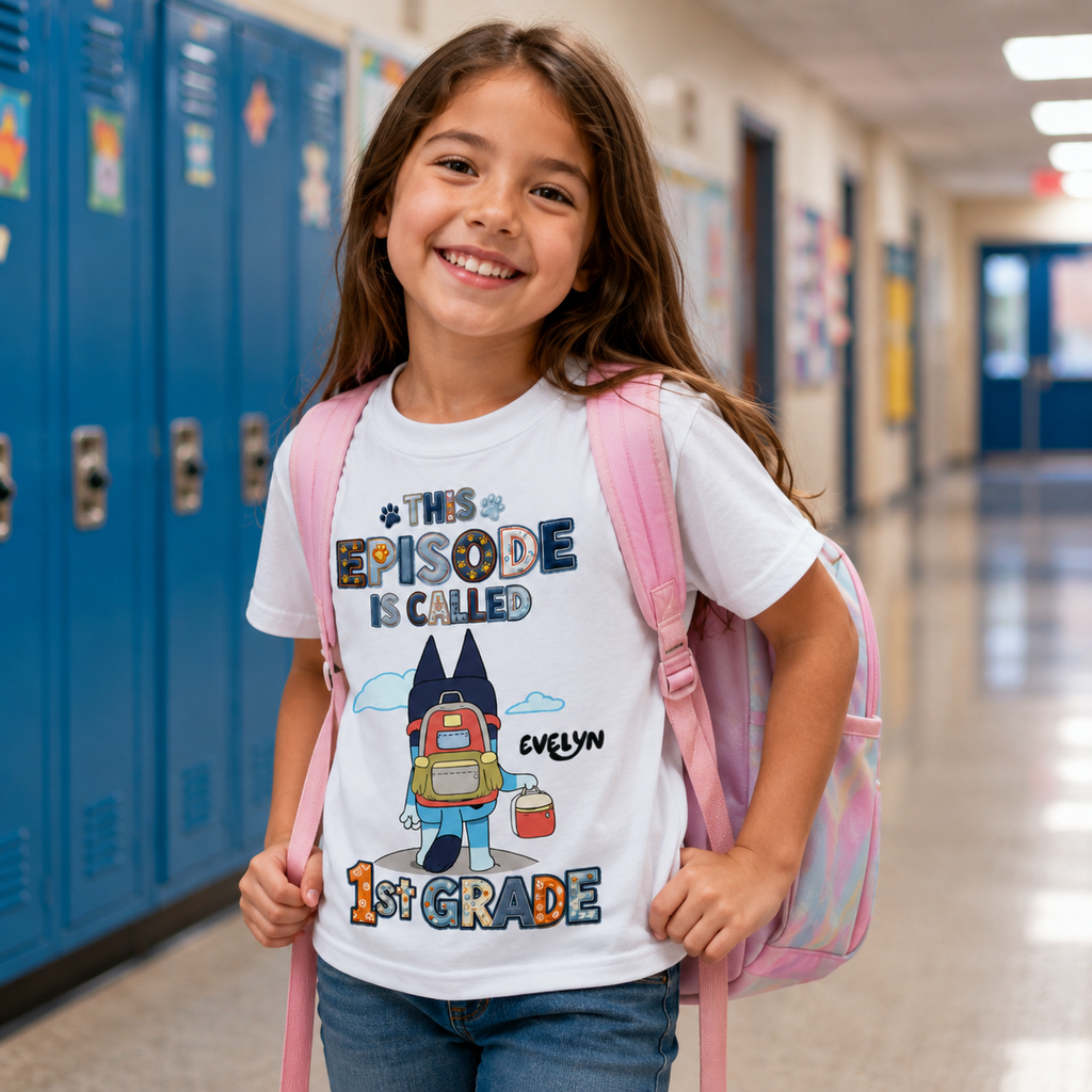 Personalized Kindergarten Blue Dog Back To School Shirt for Kids Cotton Apparel GradoCreations