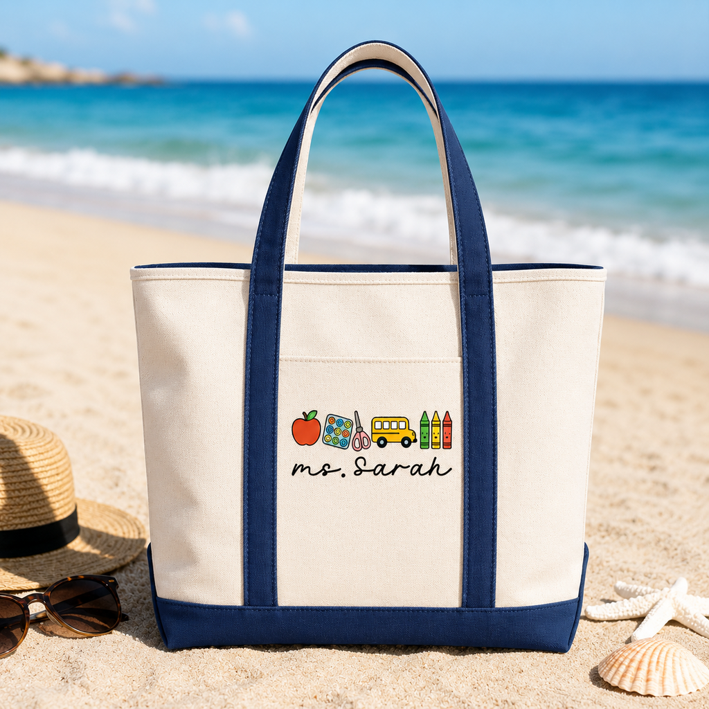 Personalized Embroidery Tote Bag with School Bus Design for Teacher