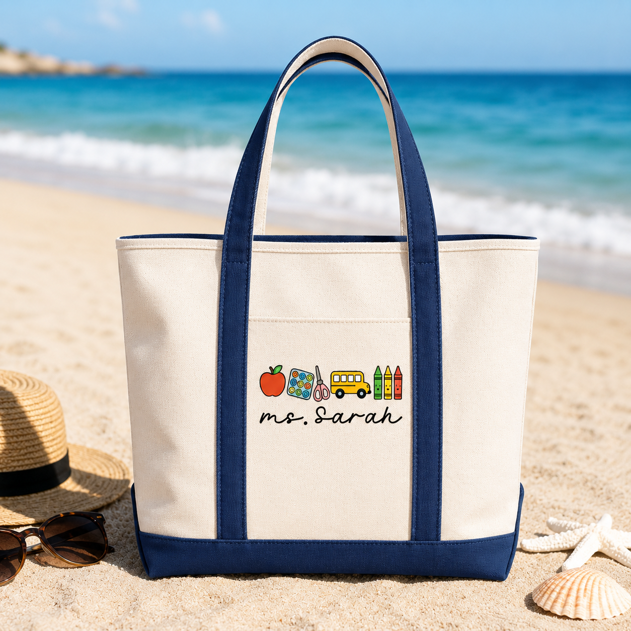 Personalized Embroidery Tote Bag with School Bus Design for Teacher