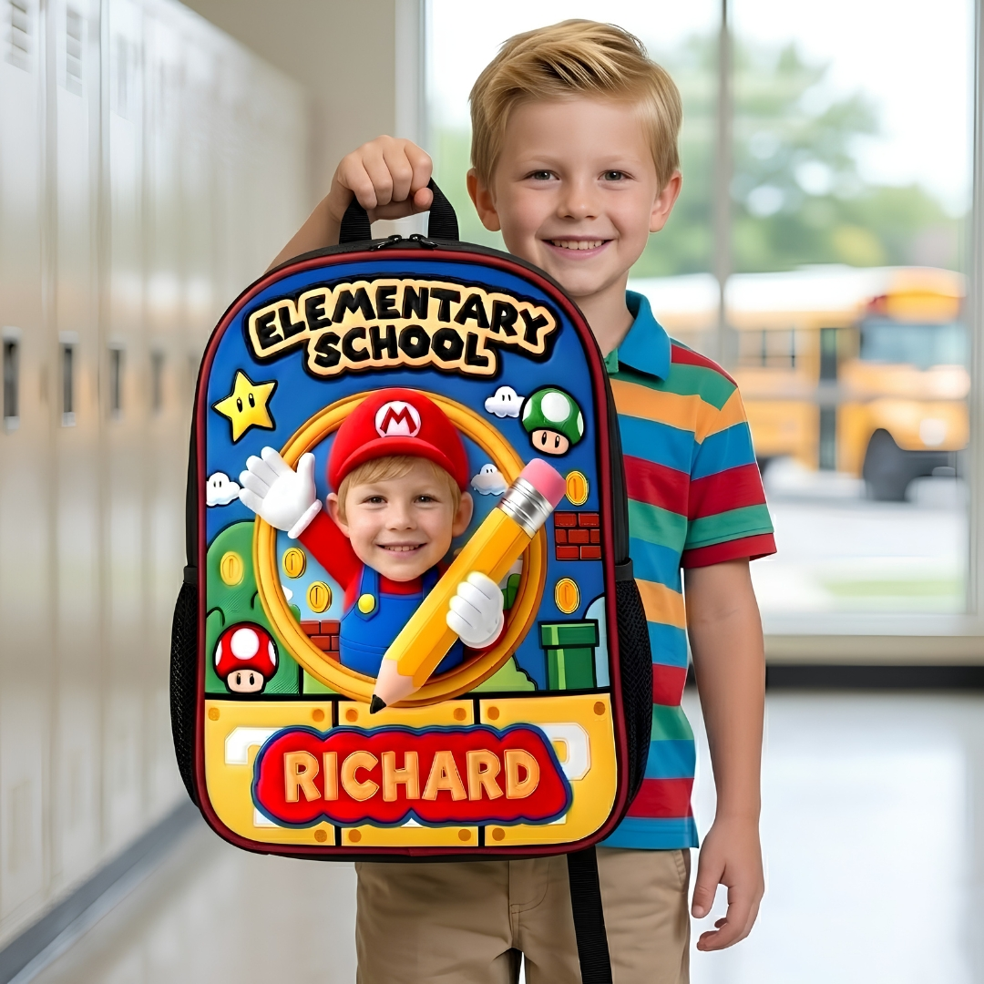 Personalized Mario Theme School Backpack Set for Kids - Custom Name Bag, Lunch Bag, Pencil Case & Water Bottle