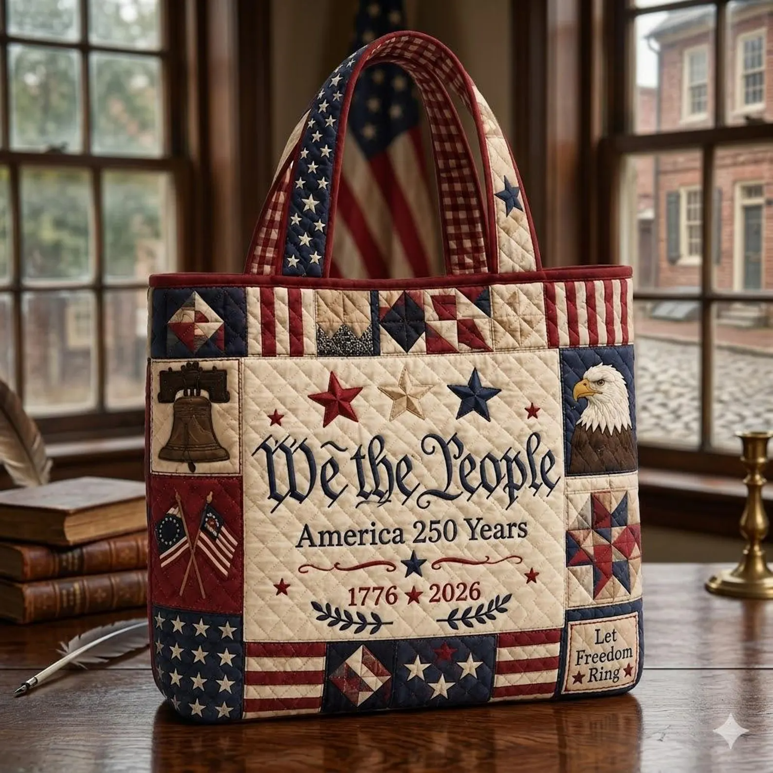 Quilted Tote Bag with Patriotic Quotes for Independence Day Gift