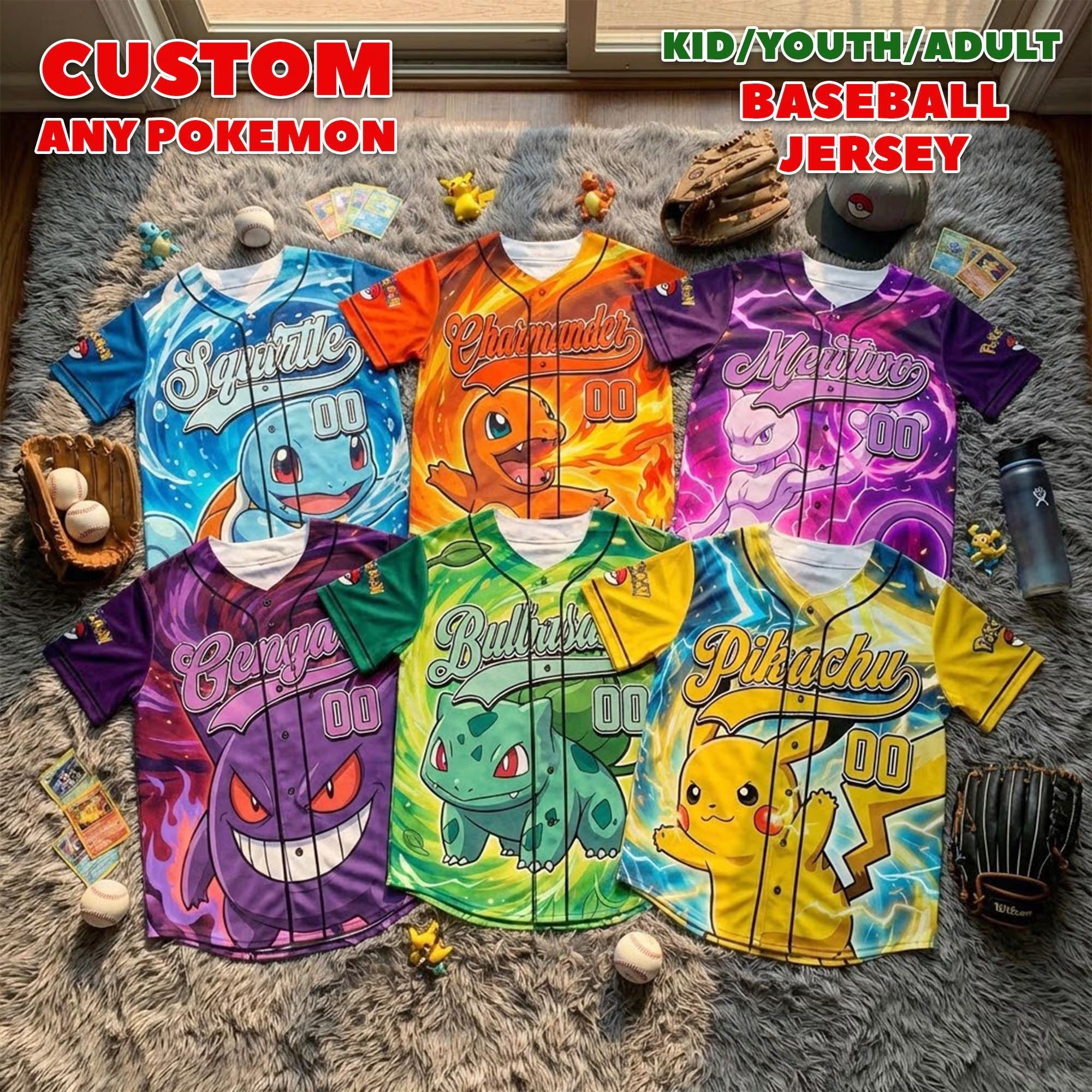 Custom Pokémon Baseball Jersey Personalized Gift for Kids - Anniversary Gift