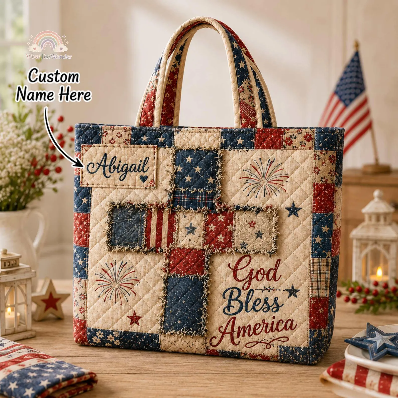 Personalized Quilted Tote Bag American Flag Floral Gift for Patriots