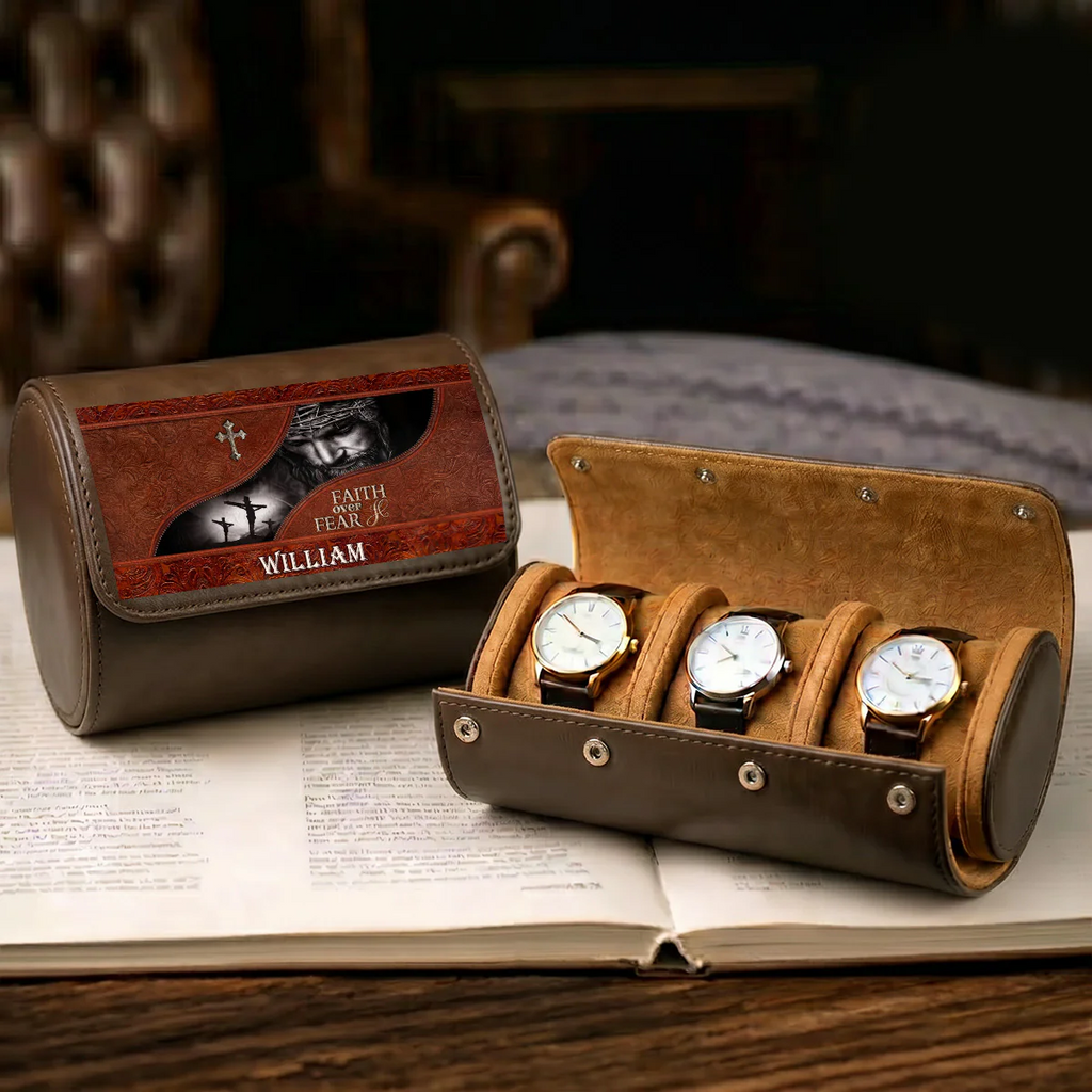 Personalized Leather Watch Case Faith Over Fear Gift for Dad