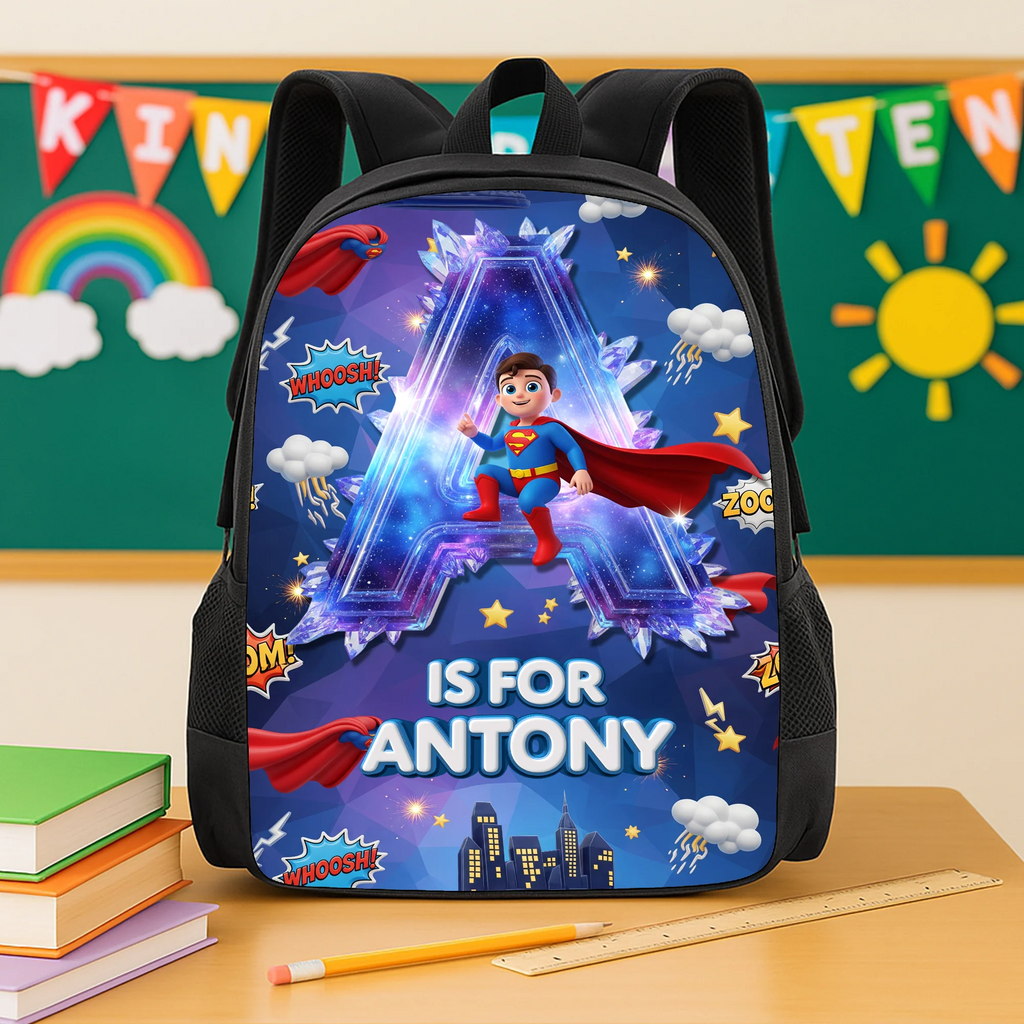Personalized Cartoon Superhero Backpack with Lunch Bag, Case & Bottle - Back to School Gift