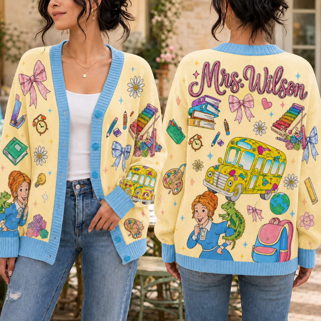Personalized Magic School Bus Cardigan for Teachers Gift - Custom Name Sweater Cardigan GradoCreations